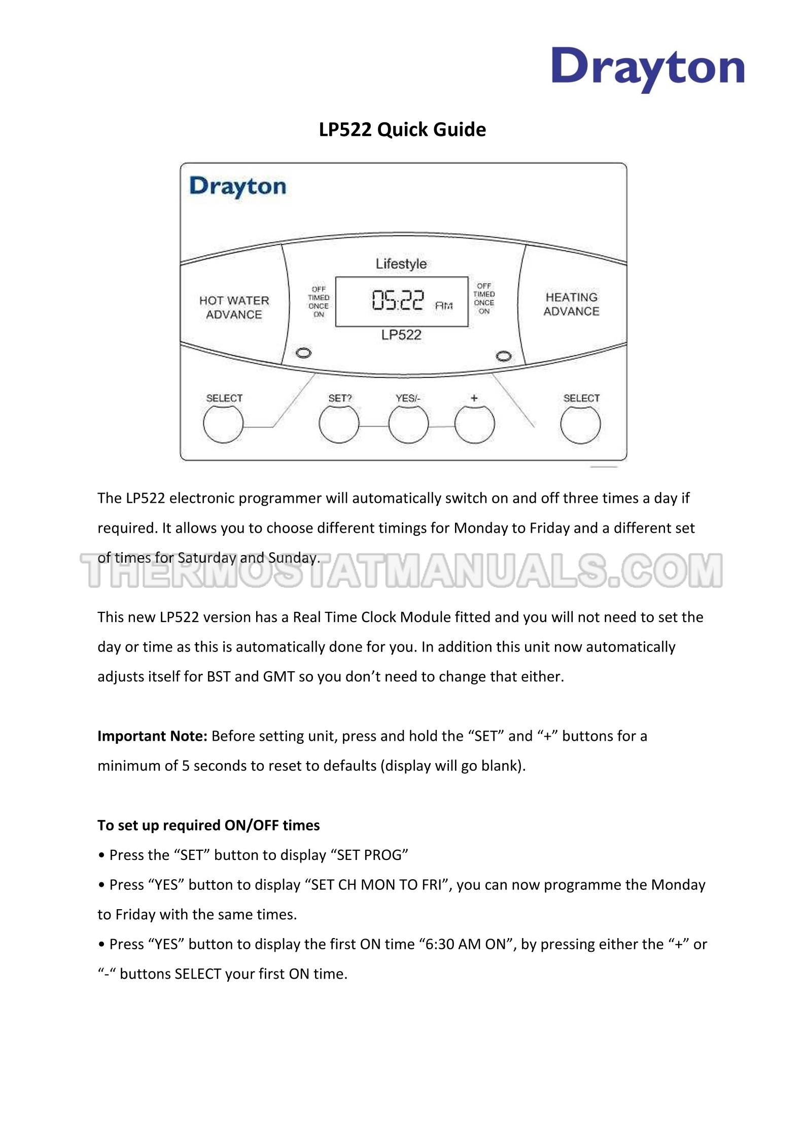 Drayton LP522 Thermostat Quick Guide Drayton LP522 Thermostat Quick Guide