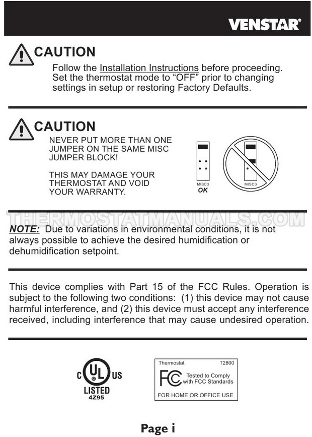Venstar T2800 Slimline Thermostat Installation Instructions